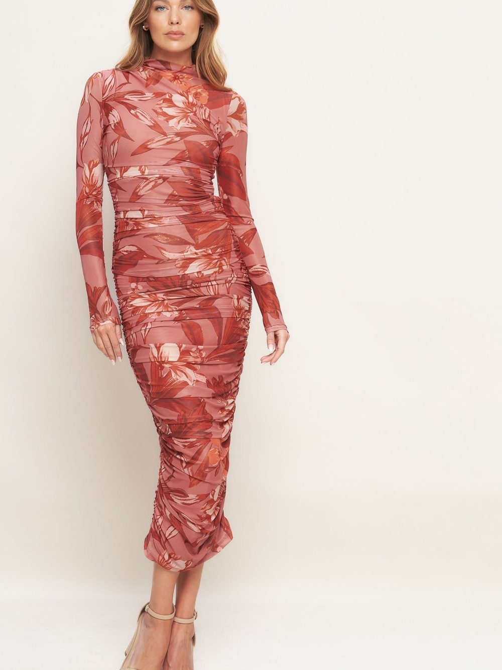 Flying Tomato Rose Floral Ruched Long-Sleeve Maxi Dress-Size:L